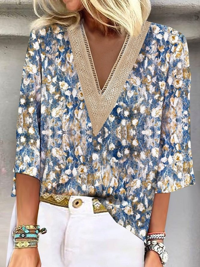 V Neck Casual Random Floral Print 3/4 Sleevess Blouses