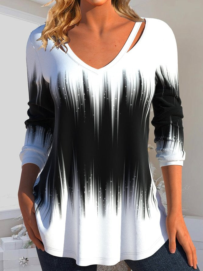 Ombre Casual V Neck Long Sleeves T-shirt