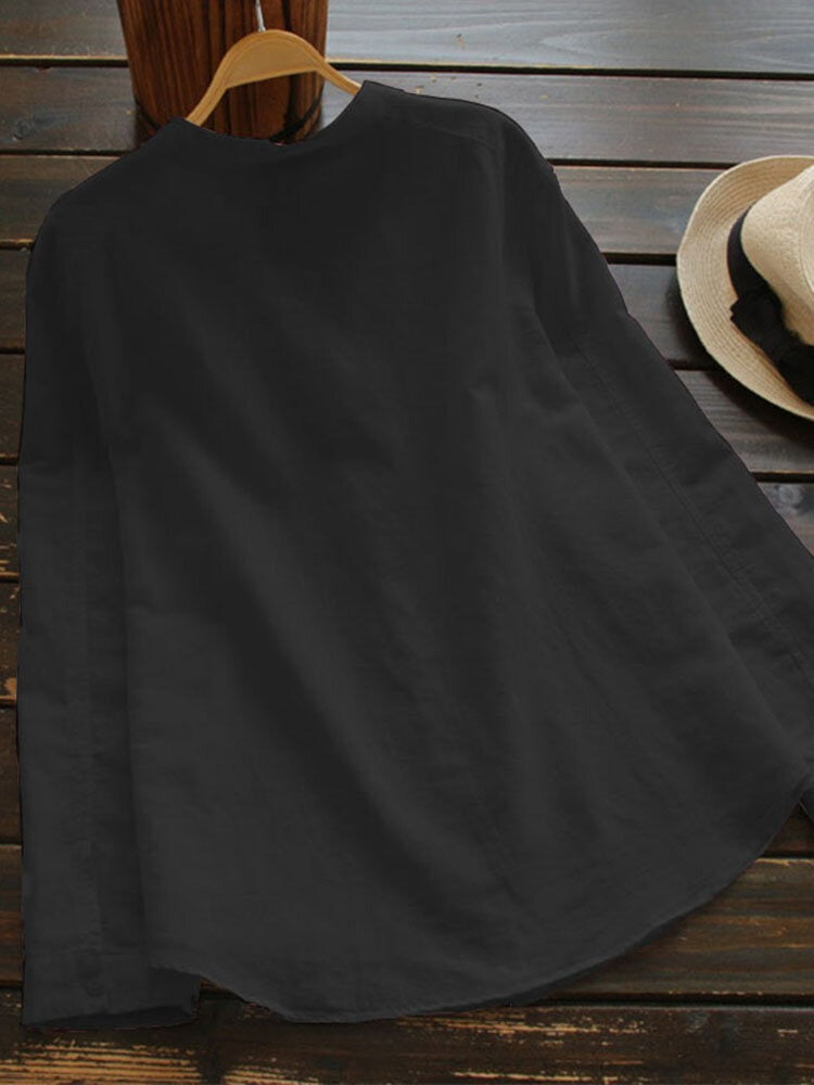 Solid Stand Collar Long Sleeves Button with Pocket Blouse