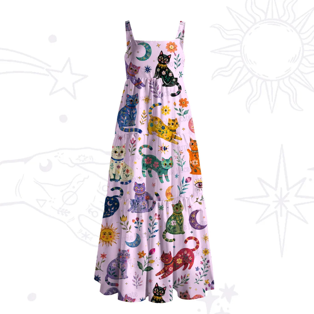Rainbow Magic Cats Wide Strap Flowy Maxi Dress