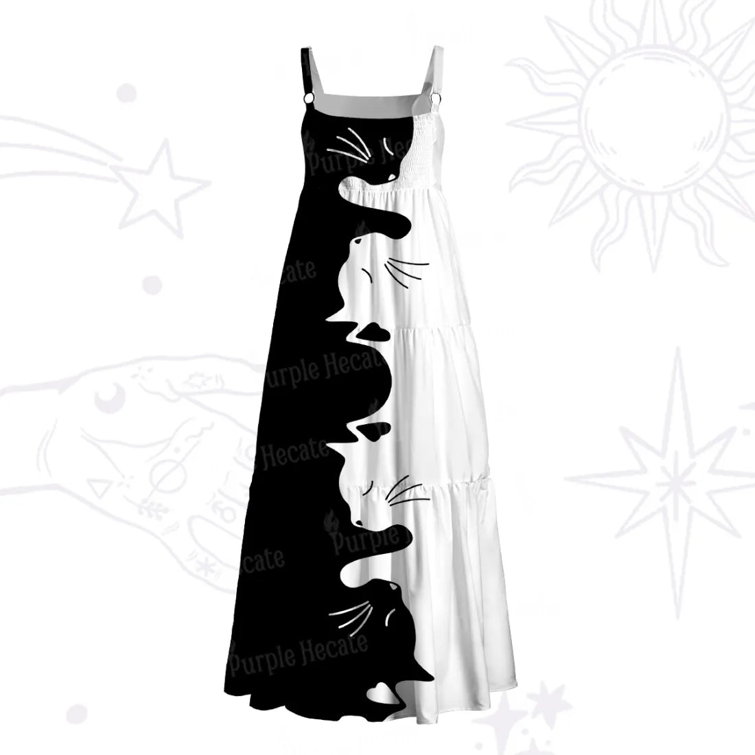 Yin Yang Cat Lover Wide Strap Flowy Maxi Dress