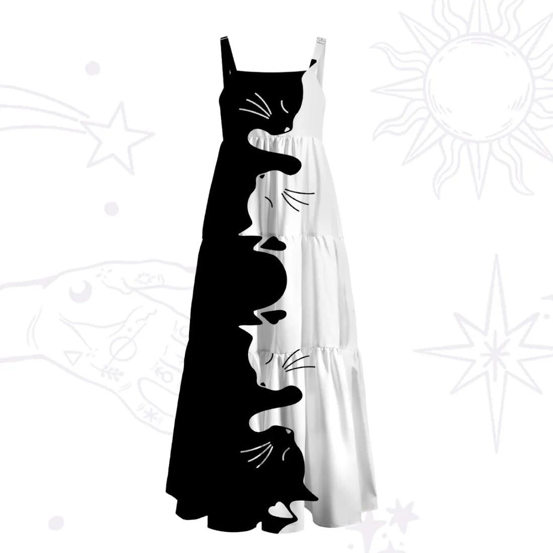 Yin Yang Cat Lover Wide Strap Flowy Maxi Dress