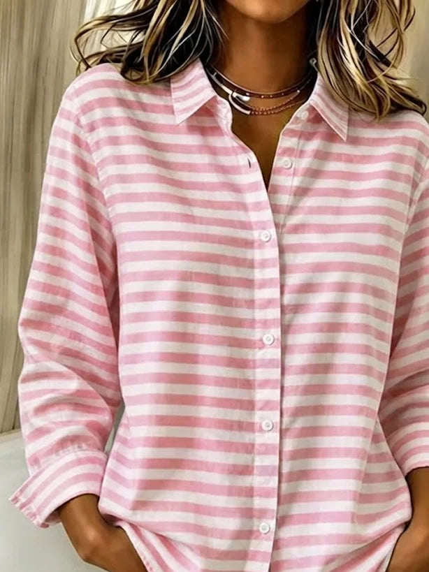Shirt Collar Regular Long Sleeve Striped Buckle Loose Button Up Shirt For Women