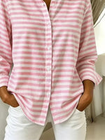 Shirt Collar Regular Long Sleeve Striped Buckle Loose Button Up Shirt For Women