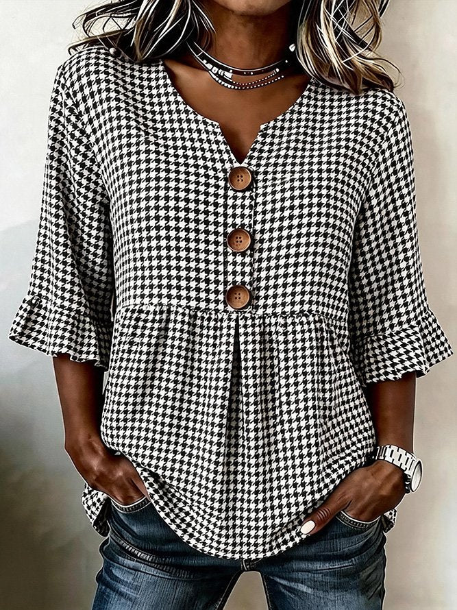 V Neck Half Sleeve Houndstooth Regular Fit Blouse For Women
