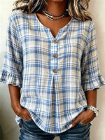 V Neck Half Sleeve Plaid Regular Fit Blouse For Women