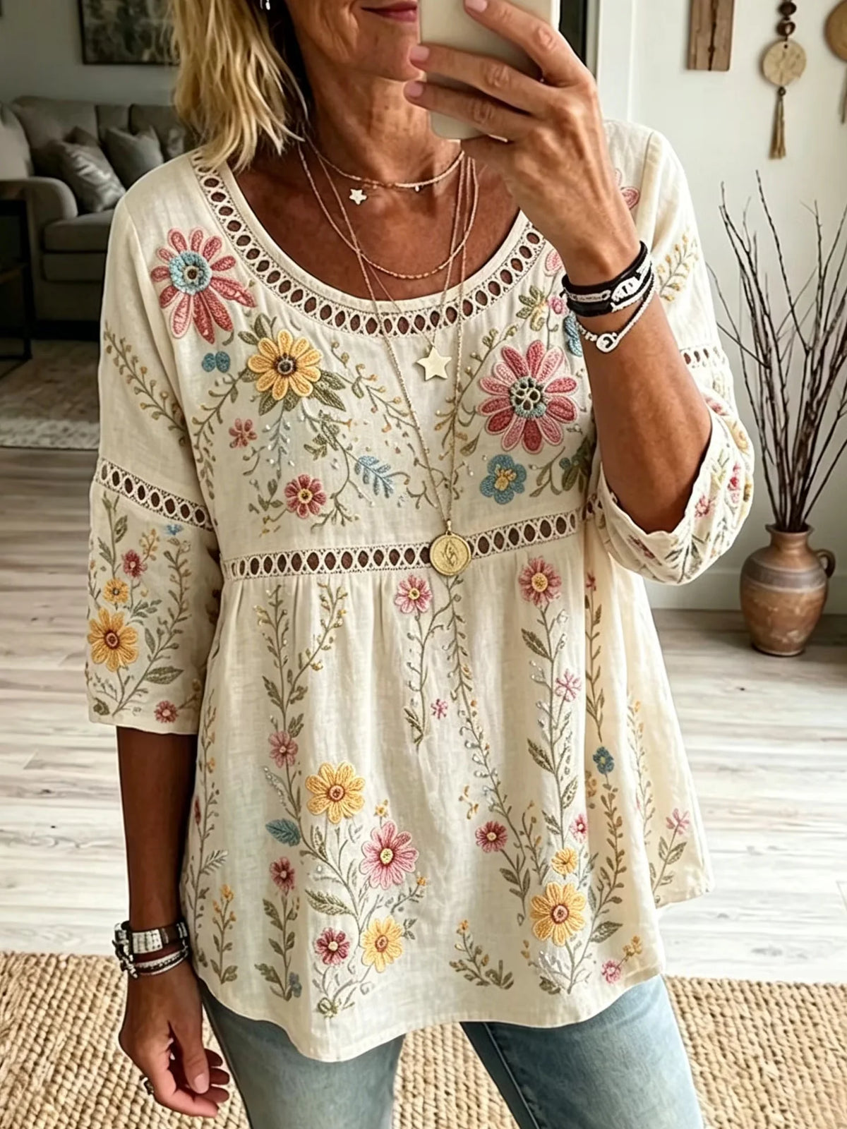 Crew Neck Half Sleeve Floral Printing Regular Micro-Elasticity Casual Blouse For Women