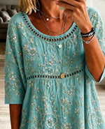 Vintage Crew Neck Half Sleeve Floral Printing Regular Micro-Elasticity Loose Blouse For Women