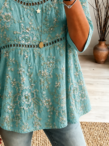 Vintage Crew Neck Half Sleeve Floral Printing Regular Micro-Elasticity Loose Blouse For Women