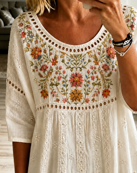 Vintage Crew Neck Half Sleeve Floral Printing Regular Micro-Elasticity Loose Blouse For Women