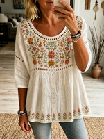 Vintage Crew Neck Half Sleeve Floral Printing Regular Micro-Elasticity Loose Blouse For Women