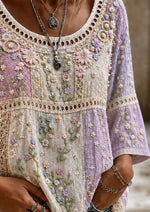 Vintage Crew Neck Half Sleeve Floral Printing Regular Micro-Elasticity Loose Blouse For Women