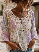 Vintage Crew Neck Half Sleeve Floral Printing Regular Micro-Elasticity Loose Blouse For Women