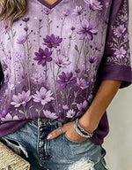 Vintage Floral Casual V Neck Half Sleeve T-shirt