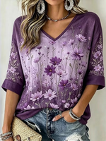 Vintage Floral Casual V Neck Half Sleeve T-shirt
