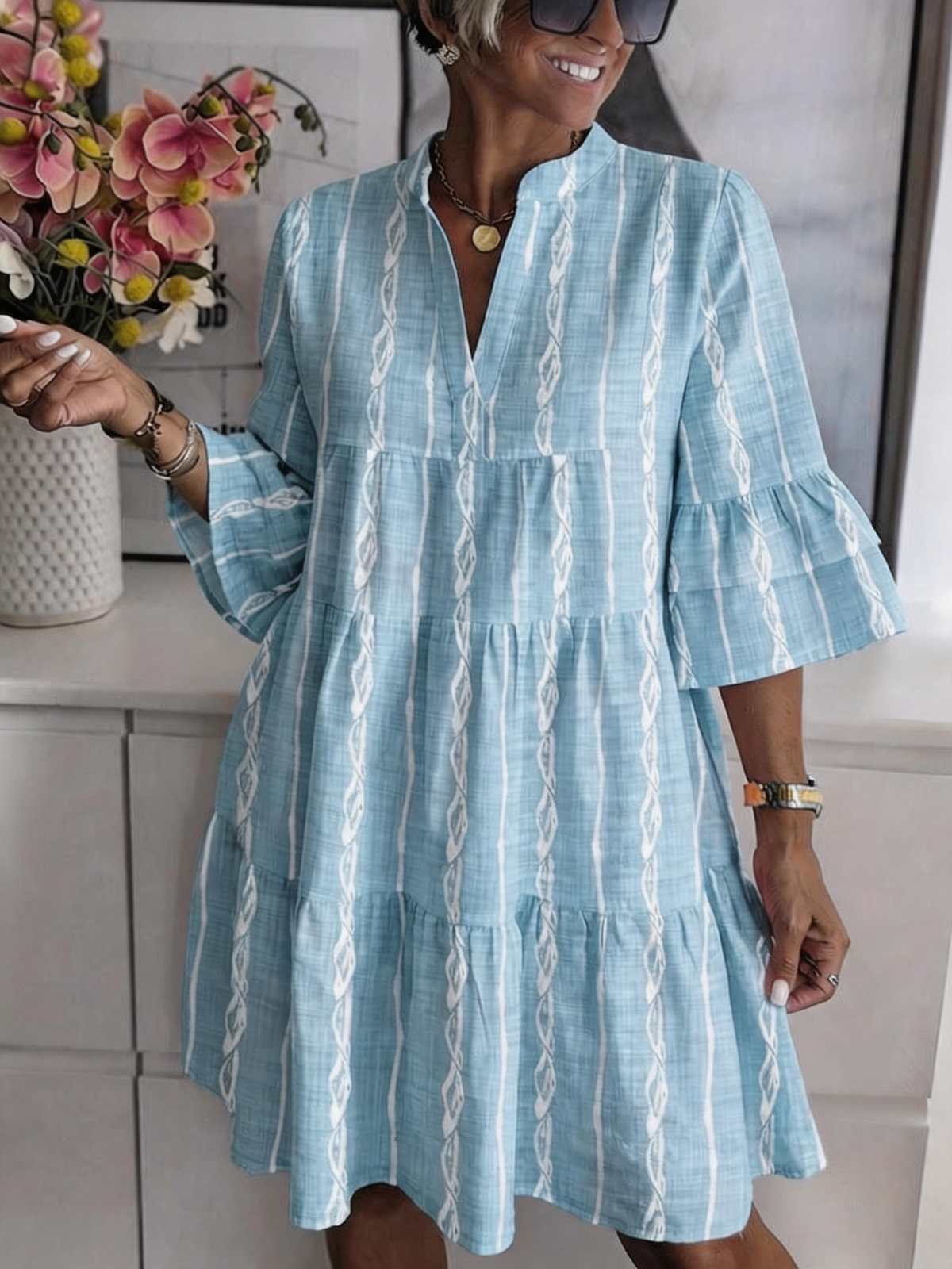 Casual Women Striped Summer Dress Notched Half Sleeve Shirt Dress A-Line Dress