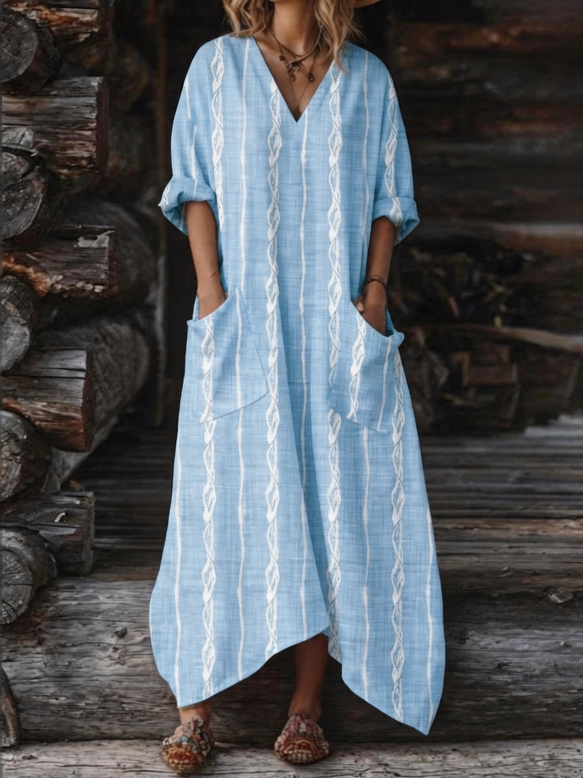 Casual Women Striped Summer Dress V Neck Long Sleeve Shift Dress H-Line Dress