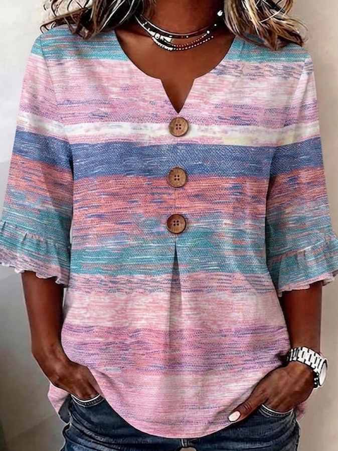 Casual V Neck Half Sleeve Striped Regular Regular Fit Blouse For Women
