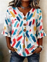 V Neck Half Sleeve Graffiti Regular Regular Fit Blouse For Women