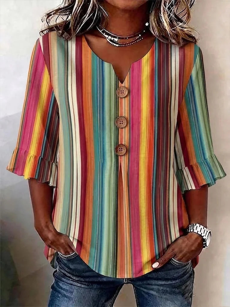 V Neck Half Sleeve Striped Regular Regular Fit Blouse For Women