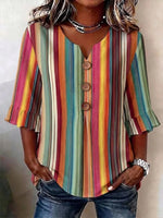V Neck Half Sleeve Striped Regular Regular Fit Blouse For Women