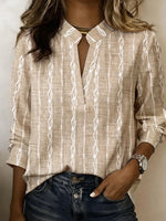 V Neck Long Sleeve Striped Regular Micro-Elasticity Regular Fit Blouse For Women