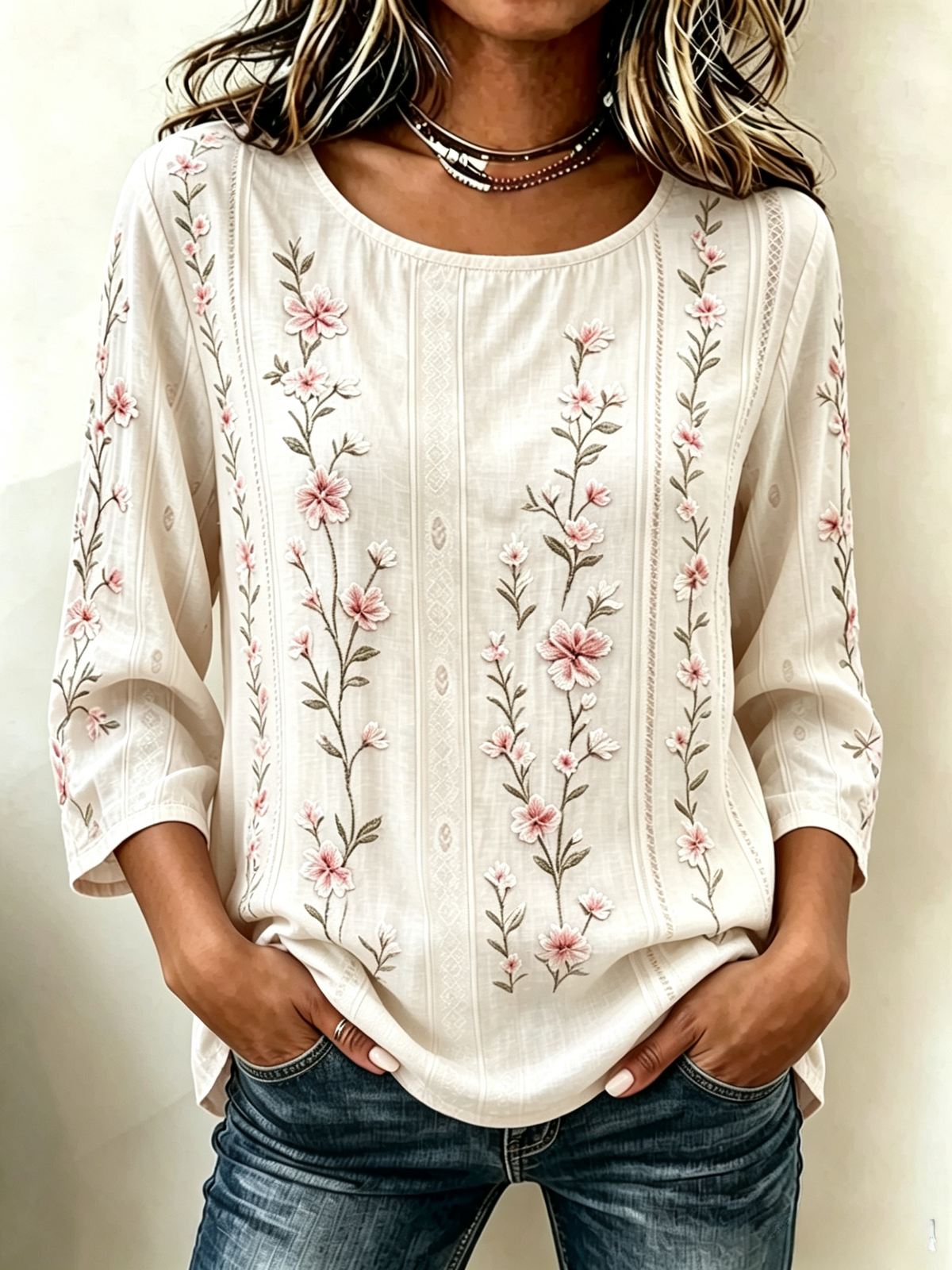 Crew Neck Half Sleeve Floral Print Regular Micro-Elasticity Loose Blouse For Women