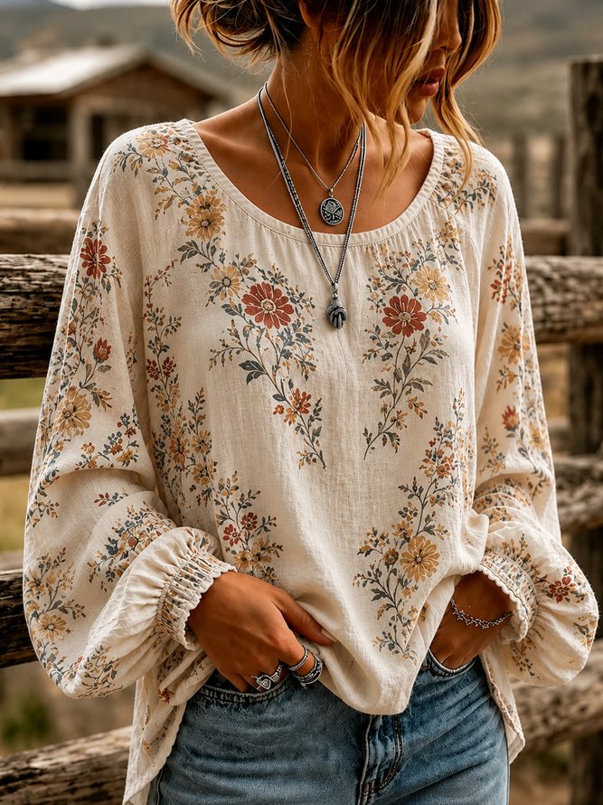 Crew Neck Long Sleeve Floral Printing Lightweight Micro-Elasticity Loose Blouse For Women