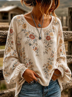 Crew Neck Long Sleeve Floral Printing Lightweight Micro-Elasticity Loose Blouse For Women