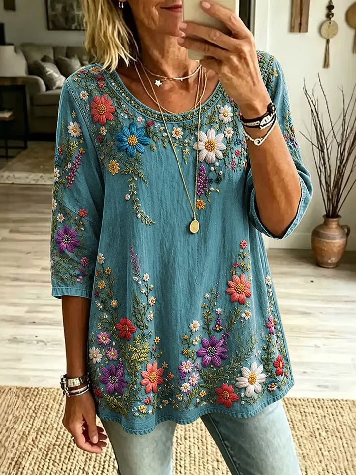 Vintage Women Floral Vintage Blouse Crew Neck Half Sleeve Printing Top