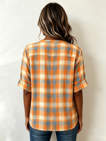 Stand Collar Rolled Three Quarter Sleeve Plaid Button Down Shirt