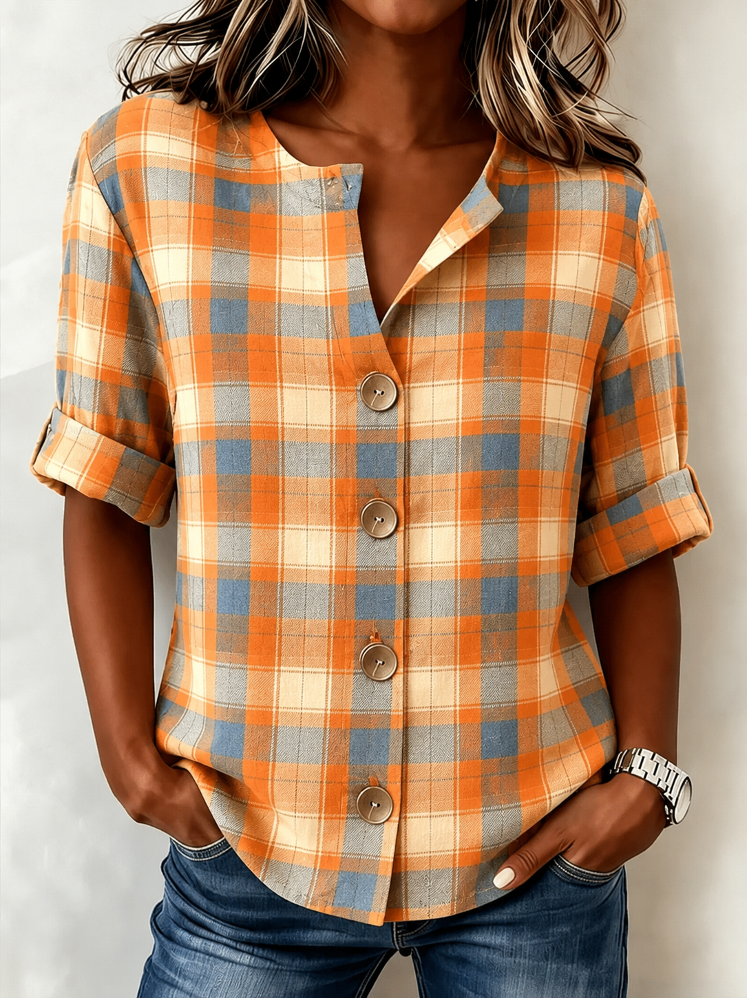 Stand Collar Rolled Three Quarter Sleeve Plaid Button Down Shirt