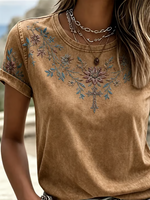 Vintage Washed Floral Cross Embroidery Crew Neck Short Sleeve T-shirt