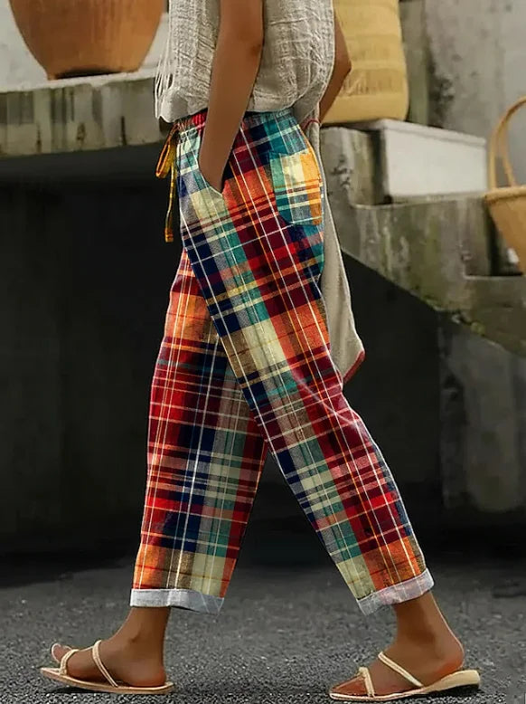 Vintage Plaid Drawstring Cuffed Ankle Casual Long Pants