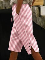 Vertical Striped Drawstring Capri Casual Pants