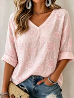 Vintage Floral Embroidery V Neck Rolled Half Sleeve T-shirt