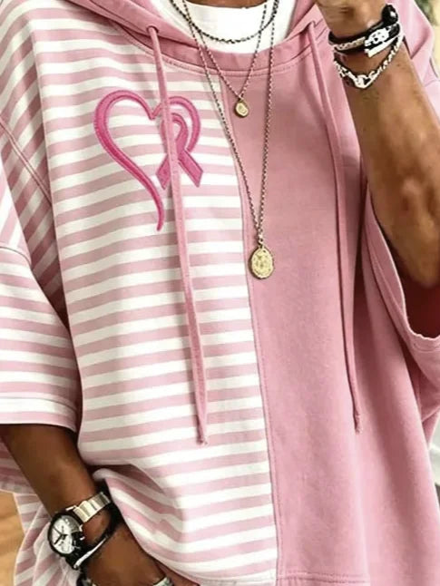 Casual Hoodie Pink Striped Hoodie