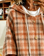 Plaid Drawstring Hooded Half Sleeve Top