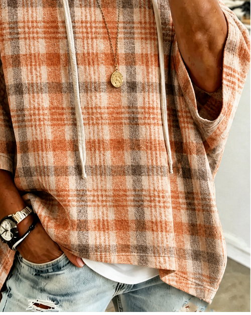 Plaid Drawstring Hooded Half Sleeve Top