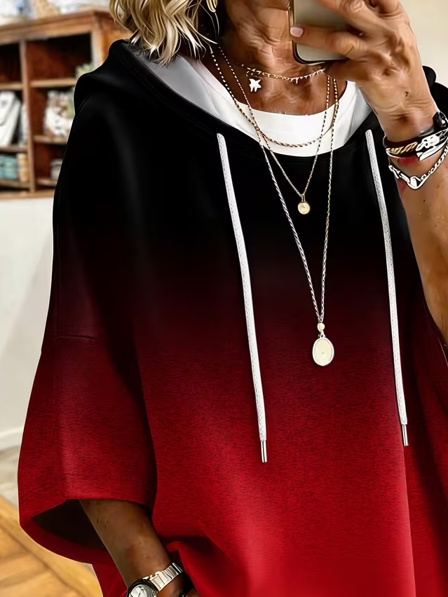 Ombre Gradient Drawstring Hooded Half Sleeve Top