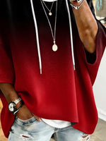 Ombre Gradient Drawstring Hooded Half Sleeve Top