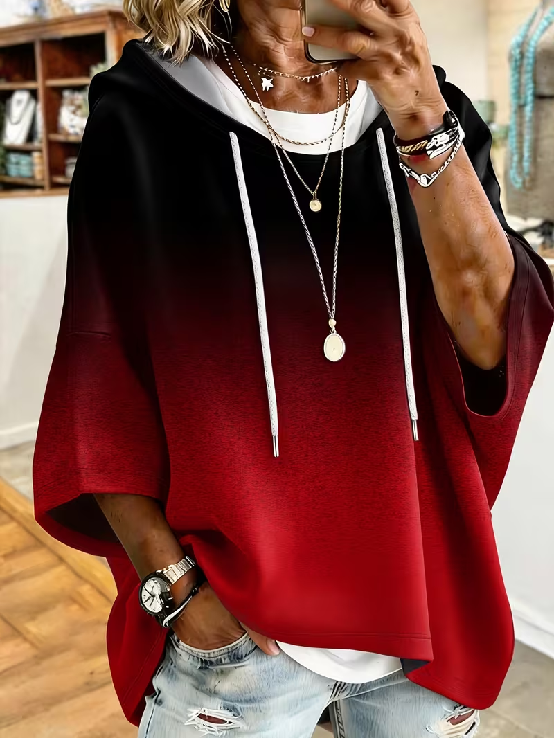 Ombre Gradient Drawstring Hooded Half Sleeve Top