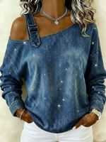Asymmetric Cold Shoulder Star Print Long Sleeve Top