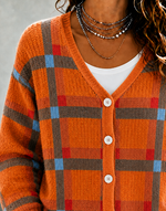 Plaid Pattern V-Neck Button Front Knit Cardigan