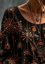 Halloween Spider Web Pumpkin Print Crew Neck Long Sleeve Blouse