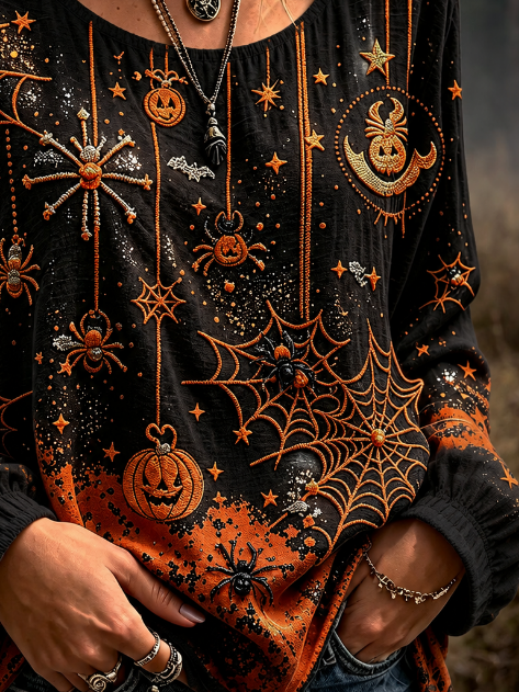 Halloween Spider Web Pumpkin Print Crew Neck Long Sleeve Blouse