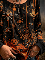 Halloween Spider Web Pumpkin Print Crew Neck Long Sleeve Blouse
