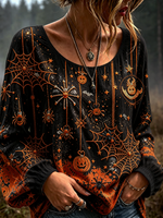 Halloween Spider Web Pumpkin Print Crew Neck Long Sleeve Blouse