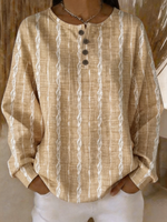 Vertical Striped Henley Button Neck Long Sleeve Top