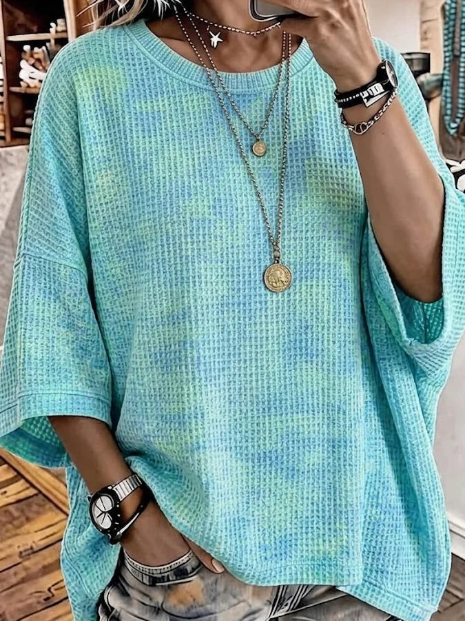 Ombre Tie Dye Waffle Knit Crew Neck Half Sleeve Top